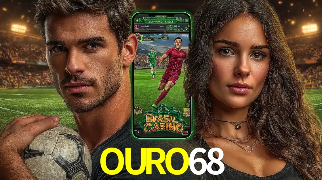 Homem segurando uma bola de futebol e uma mulher ao lado de um smartphone exibindo o jogo de apostas esportivas da OURO68. Faça seu palpite no cassino online.